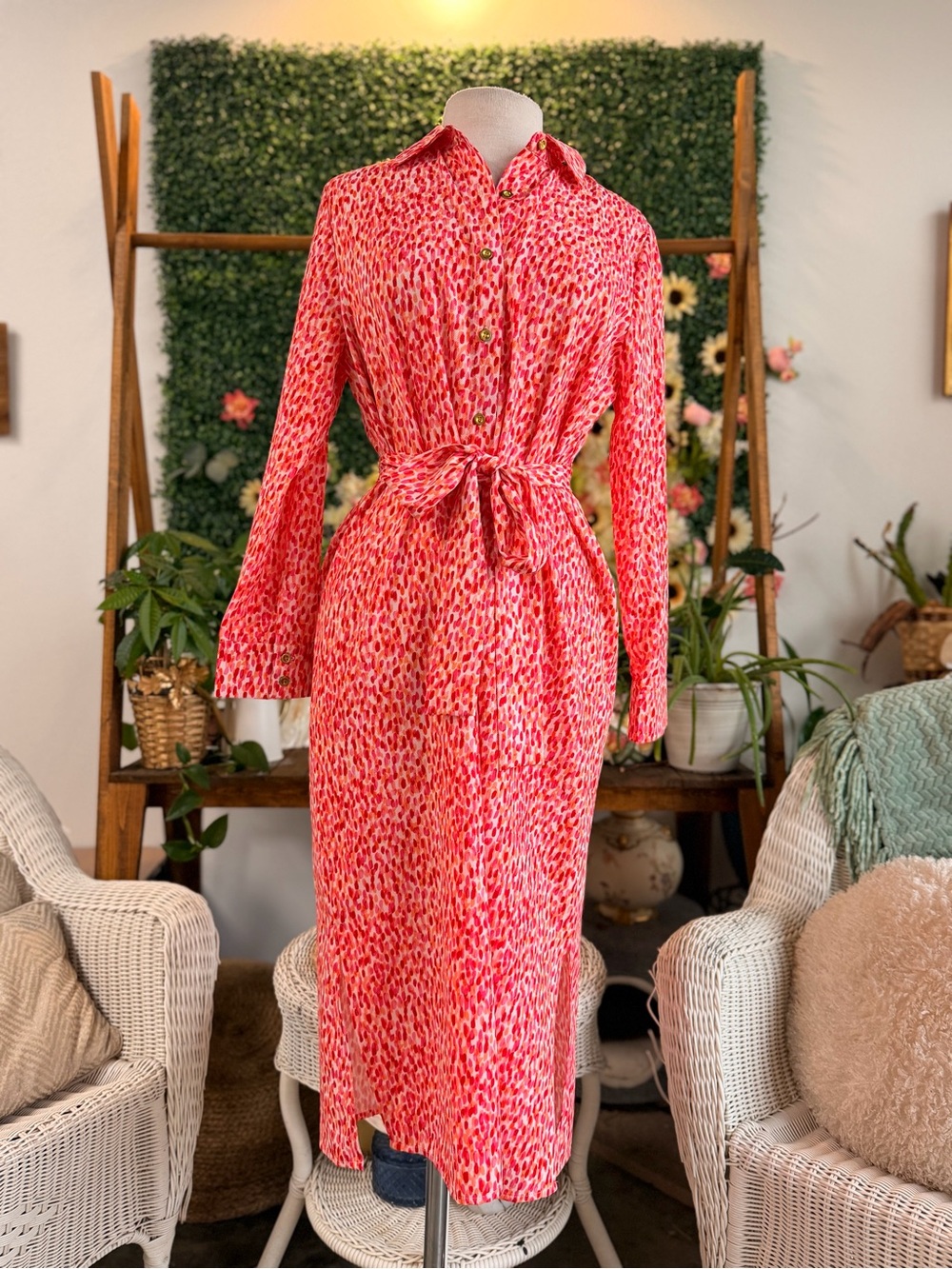 Alexia Admor Pink Coral Printed Long Sleeve Shirt Dress